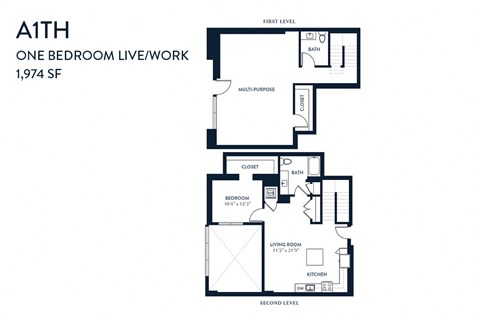 Floor plan for 1 bed, 1.5 baths, 1974 sqft